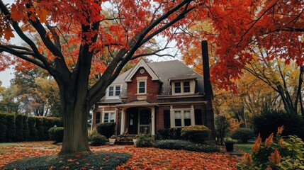 Late Autumn Serenity: Suburban Home Amidst Vibrant Foliage and Nature's Beauty