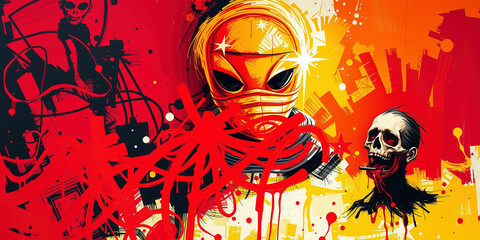 A surreal drawing in graffiti style with lots of colors and heads in an organic cyberpunk style combined in an abstract art wallpaper.