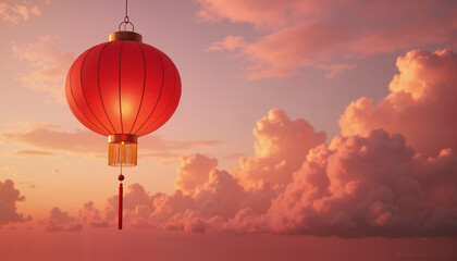 Obraz premium Solitary red Chinese lantern glowing against dusk sky, festive symbolism