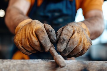 A skilled worker's hands, covered in dirt and wear, demonstrate focused craftsmanship. The image captures the essence of hard work and dedication in a creative process.