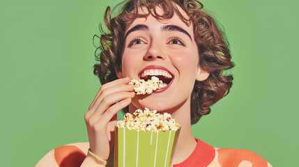 Woman is eating popcorn while smiling