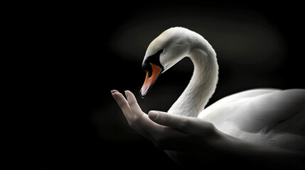 Fototapeta premium A photo of a person's hand cradling a swan's open beak, with the bird's head raised high