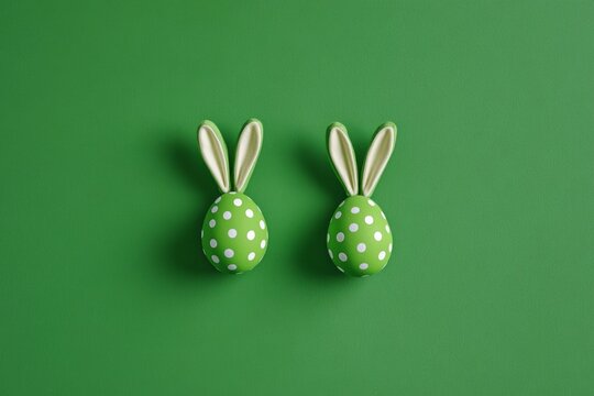 Polka-Dot Bunny Eggs on Green Background. Minimalism with a green egg with dots decorated with bunny ears, symbolizes spring, Easter and creativity. Copy space.