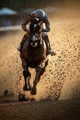Jockey racing on a horse during sunset on a dirt track, dust swirling around in the air