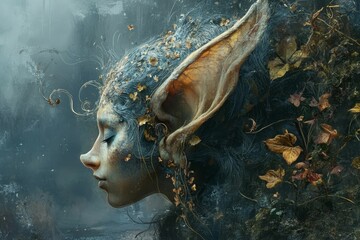 Serene elf profile, autumn leaves, mystical forest scene.