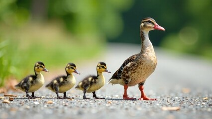 Duck with Ducklings Crossing the Road. A sweet and natural family moment. World Animal Day. Mother's Day. 