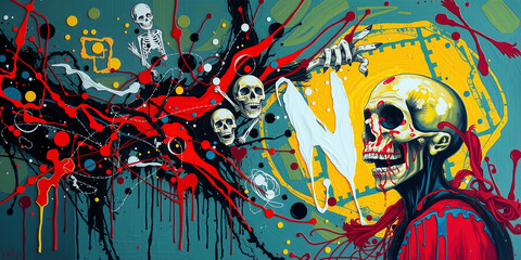 A surreal drawing in graffiti style with lots of colors and heads in an organic cyberpunk style combined in an abstract art wallpaper.