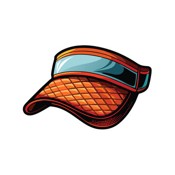 A cartoon illustration of an orange golf visor with a blue visor, mesh sides, and fabric detailing.