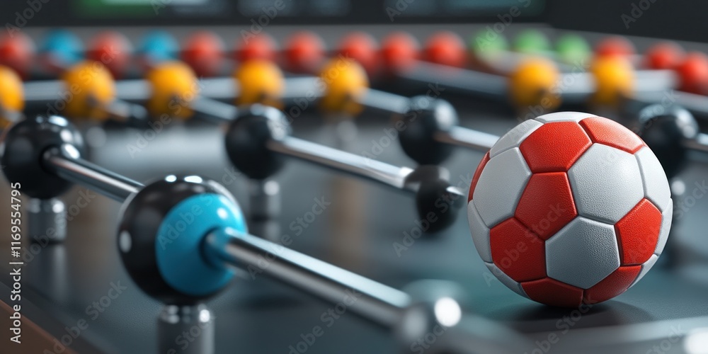 Poster close-up of a foosball table with a red and white soccer ball in focus.