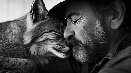   A monochrome image of a gentleman with facial hair cradling a feline on his lap, with the cat's head atop his shoulder