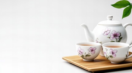 A serene tea set, adorned with delicate floral designs, sits on a bamboo tray. Two cups of tea are ready to be enjoyed.  A moment of peace and tranquility.