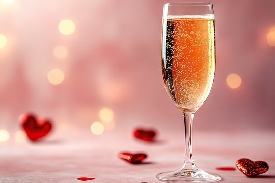 A glass of white wine on a pink background. A glass of sparkling wine on background of bokeh and red hearts.