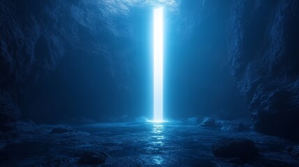 A blue cave with a light shining through a hole in the ceiling