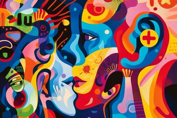 Obraz premium Abstract vibrant shapes, two faces kissing.