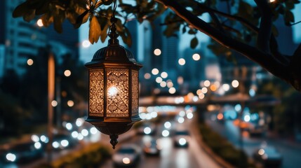 A beautifully crafted Ramadan lantern hangs gracefully against the backdrop of a bustling city at...