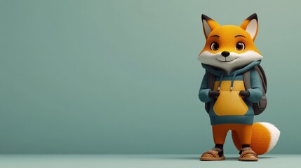 Cute cartoon fox wearing a hoodie and backpack.