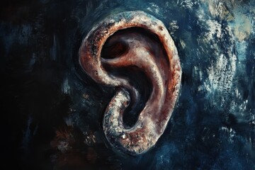 Fototapeta premium Ear depicted, textured paint, dark background.