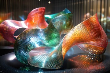 Abstract glass sculpture with flowing, multicolored forms creating a dynamic and vibrant art piece.