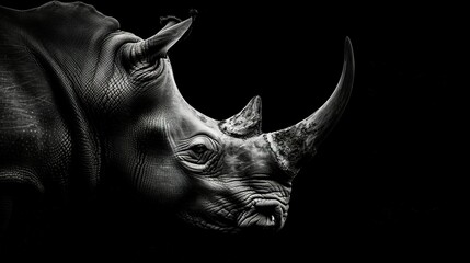 Obraz premium A monochromatic image of a rhinoceros's head with an expansive, spiraled horn