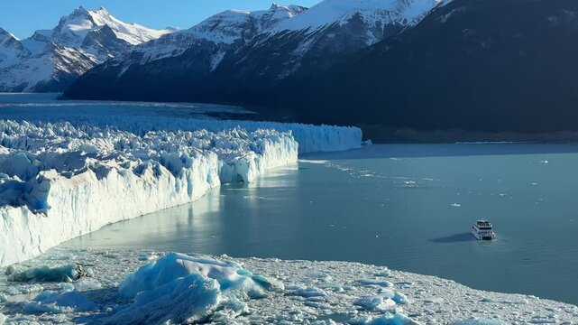 A tourist boat sails alongside a massive glacier in Patagonia. Perito Moreno Glacier in the Los Glaciares National Park in Argentina.