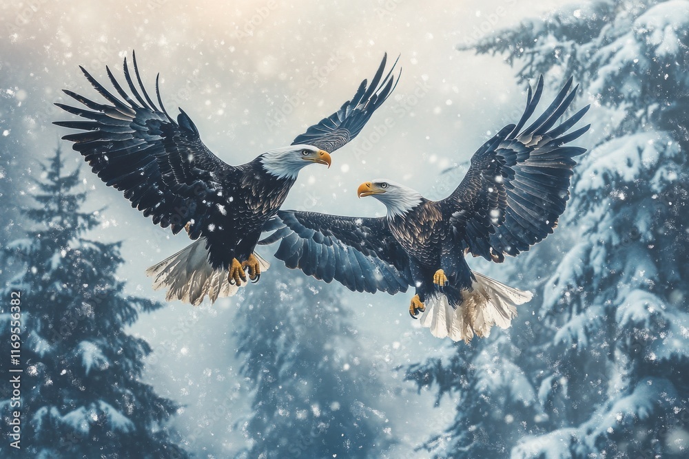 Poster two bald eagles in flight during a snowstorm in a snowy forest.