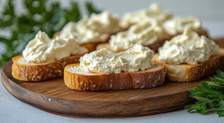 Delicious creamy spread on toasted bread topped with fresh herbs for a delightful appetizer