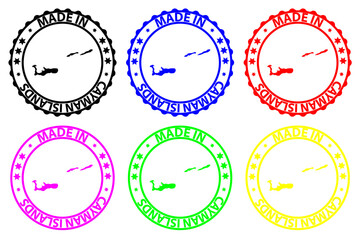 Made in Cayman Islands - rubber stamp - vector, Cayman Islands map pattern - black, blue, green, yellow, purple and red