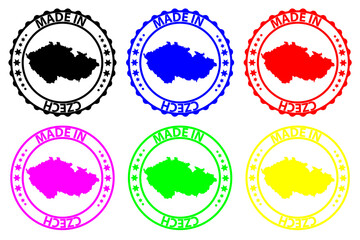Made in Czech - rubber stamp - vector, Czech map pattern - black, blue, green, yellow, purple and red