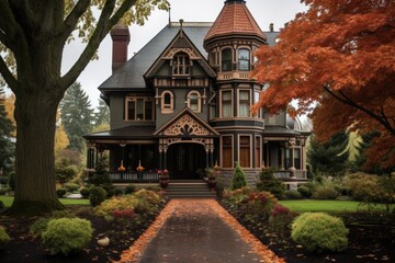 Fototapeta premium Luxury Victorian Estate | Historic Brown House in Autumn | Oregon Architecture & Exterior Design