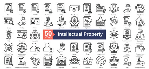 Intellectual Property Icon Collection Set.Containing patent, certificate, copyright, trademarks, duality icon. Simple line style Vector Illustration.