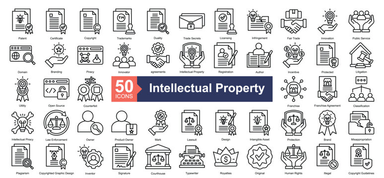 Intellectual Property Icon Collection Set.Containing patent, certificate, copyright, trademarks, duality icon. Simple line style Vector Illustration.