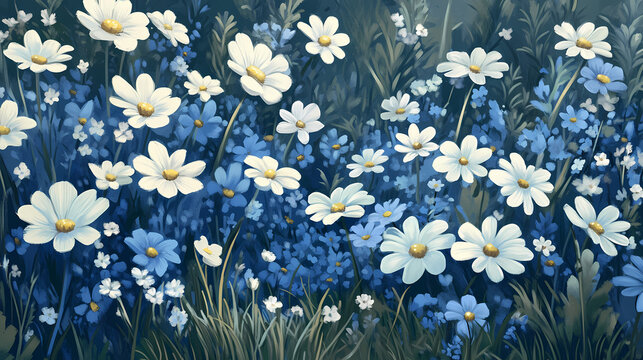 Flores de margarida azul florescendo crescendo no campo. Crescendo. Illustration