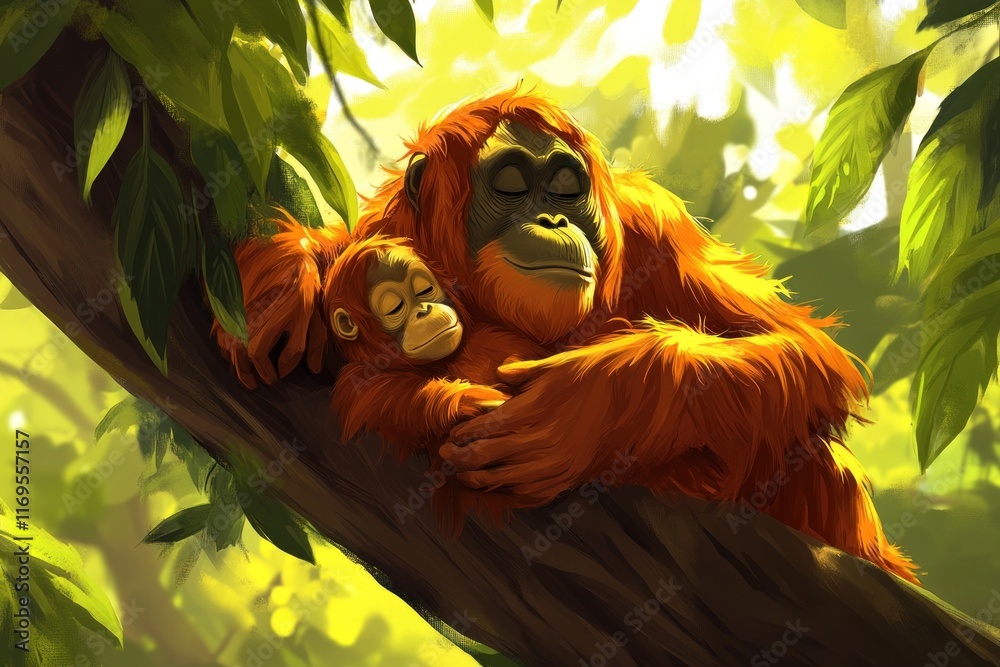 Poster orangutan mother tenderly embraces her baby while resting on a tree branch in a lush jungle.