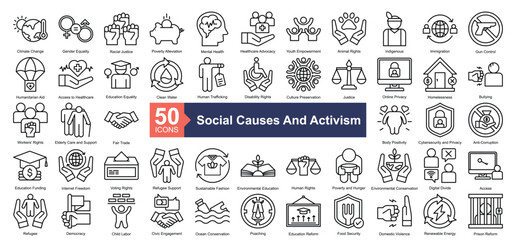 Social Causes and Activism Icon Collection Set.Containing cclimate change, gender equality, racial justice, poverty alleviation, mental health icon. Simple line style Vector Illustration.	