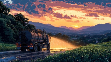 Obraz premium An AI-generated picture shows a large truck sprinkling pesticides on a landscape of green plantations at dusk -