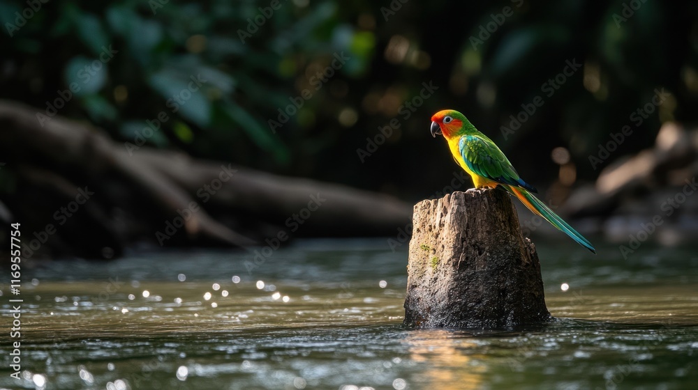 Poster A vibrant parrot perches on a partially submerged log in a tranquil stream, surrounded by lush rainforest foliage.