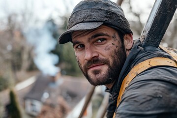 Obraz premium A skilled worker sits on a ladder, looking intently at the view with smoke rising in the background, symbolizing hard work and a challenging environment.