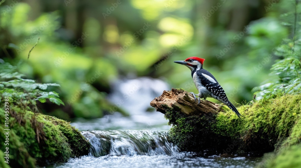 Aufkleber a red-headed woodpecker perched on a moss-covered log beside a cascading stream in a lush green fore