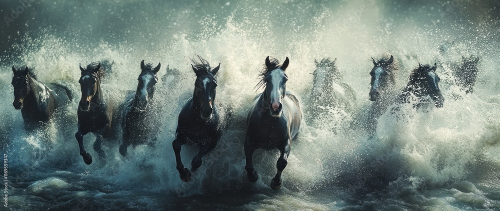 Poster herd of horses running through water, splashing and creating waves.
