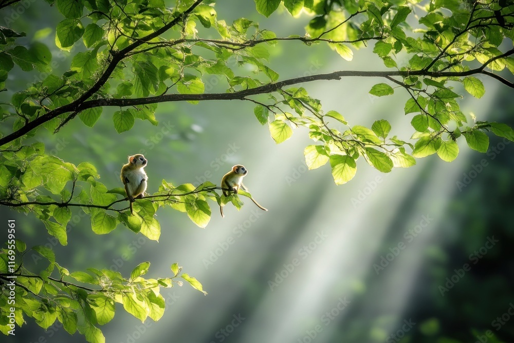 Poster two small monkeys sitting on a tree branch in sunlight, surrounded by lush green leaves.