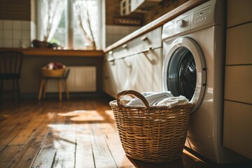 Modern Laundry Room with Washing Machine and Basket: A Housework and Hygiene Concept