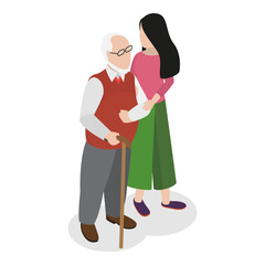 3D Isometric Flat Vector Illustration of Elderly People, Senior Care, Volunteering. Item 2