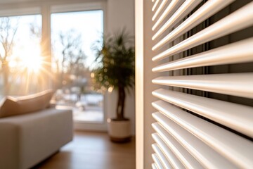 Fototapeta premium Beautiful sunset light streaming through white shutters, creating a warm and inviting atmosphere in a well-decorated living space filled with greenery and comfort.