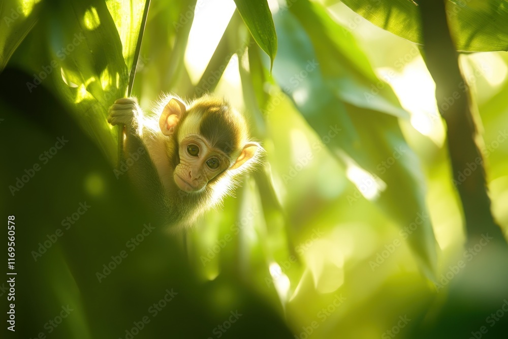 Poster adorable baby monkey clinging to a tree branch in lush green foliage, sunlight filtering through lea