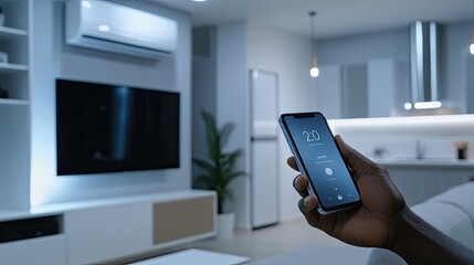 Man engages with smart home features through his phone, showcasing a connected modern living space filled with tech devices