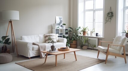 Scandinavian living room with modern furniture and indoor plants