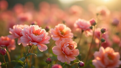 Obraz premium Stunning Peach Ranunculus Flowers Field at Sunset Golden Hour