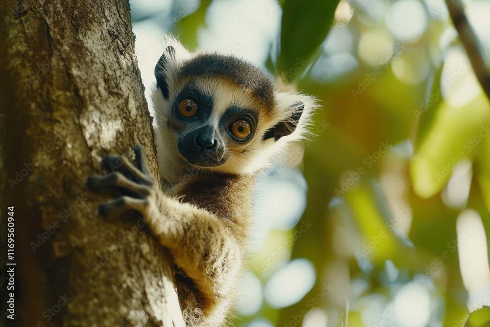 Poster a curious crowned lemur clinging to a tree trunk, peering down at the camera.