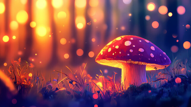 Cogumelo crescendo na floresta de outono com folhas coloridas e luzes suaves de bokeh. Crescendo. Illustration