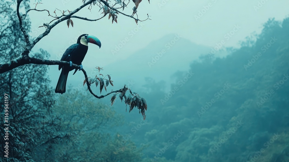 Poster a toucan perched on a branch in a misty rainforest.
